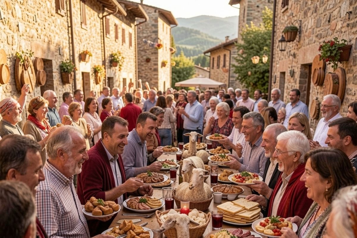 Sagra della Pecora a Sepino, con piatti tradizionali e la gente che festeggia